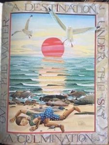 A doll lies by the seashore, with two seagulls and a red sun in the sky. The text reads 'Over the water a destination, under the sky a culmination.'
